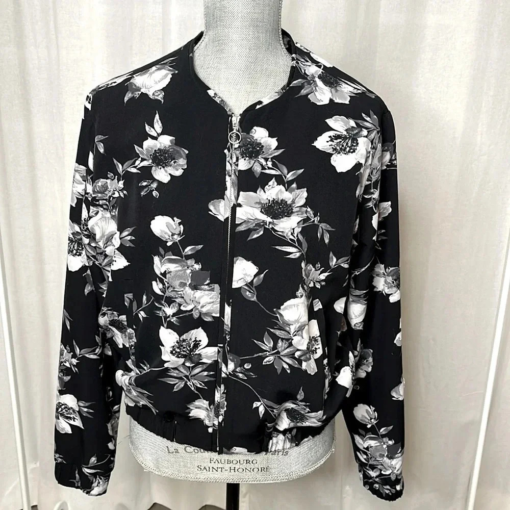 JULES & LEOPOLD NWOT Black and White Floral Lined Bomber Jacket Pockets, Size M